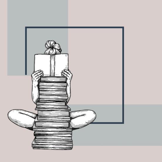 Illustration af en person, der sidder med en stor stak bøger og læser en åben bog.