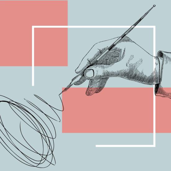 Illustration af en hånd, der holder en pen og skriver.