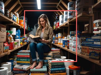 Billede af en kvinde som sidder i eN bunker og læser