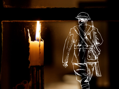 Lys i vinduet og grafik af soldat