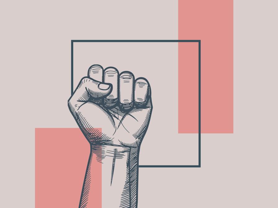 Illustration af en knyttet næve som symbol på protest på en minimalistisk baggrund.