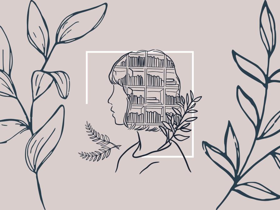 Grafik af kvinde med hovedet fuld af fortællinger/bøger