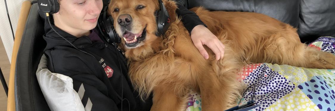 Billede af dreng og hund med hørebøffer på, der lytter til netlydbøger fra eReolen